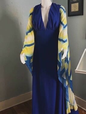 Cobalt Blue Maxi Dress with Yellow-Blue Printed Draped Sleeves
